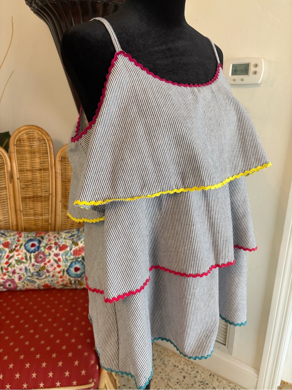 PERFECTLY PRISCILLA Blue & White Stripe with Colorful Rick Rack! Sz Large